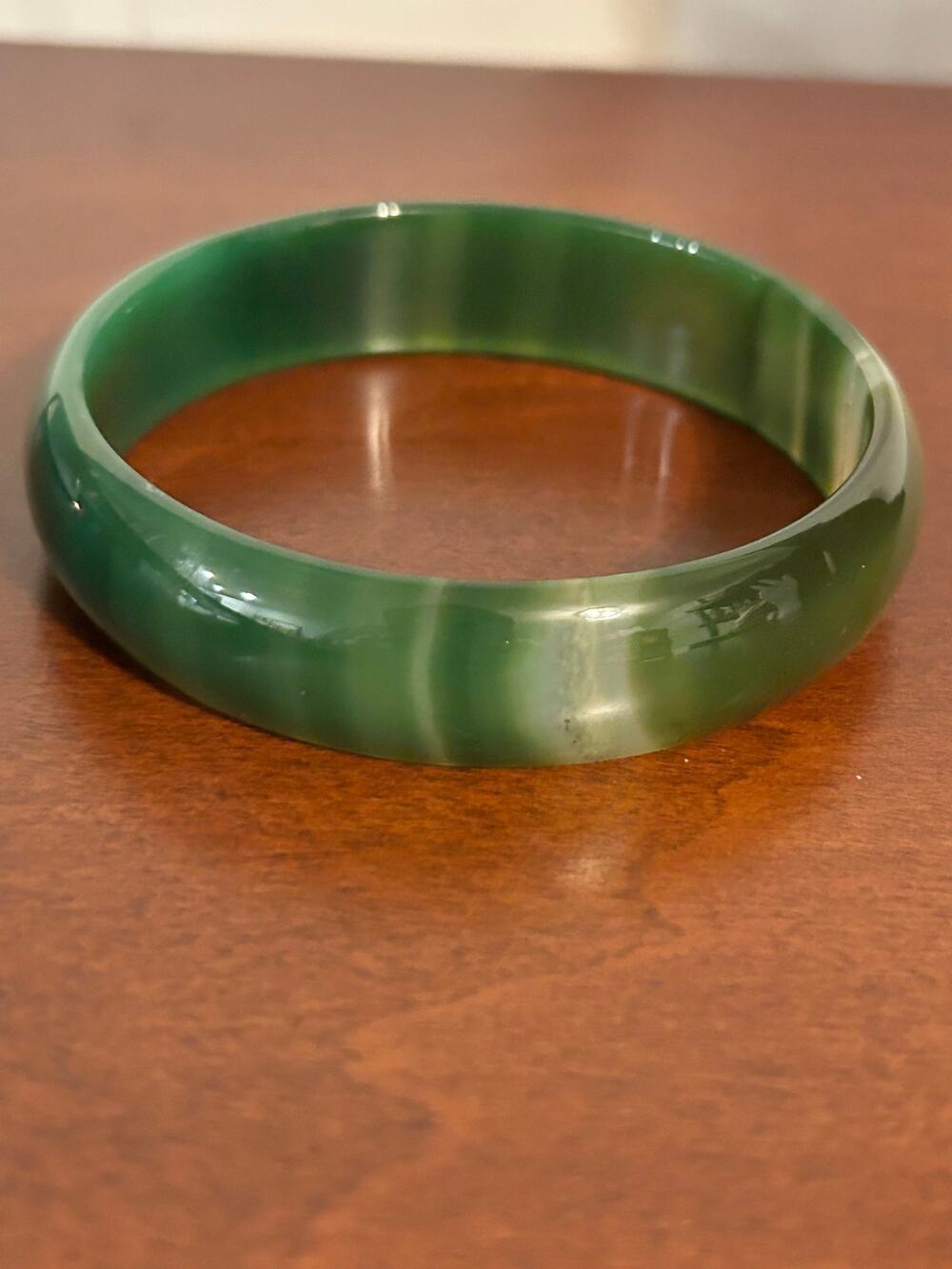 Green Jadeite Bangle Bracelet 2.5" Marbled Emerald Green Polished Slip On
